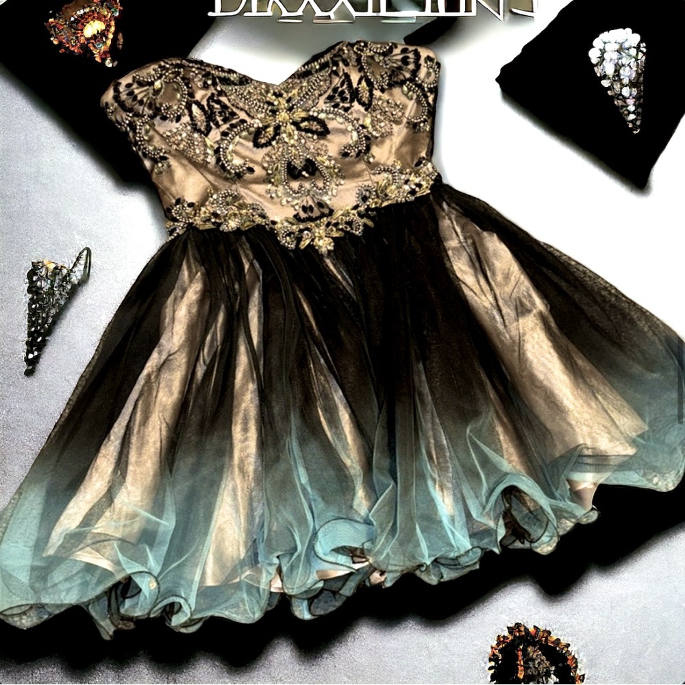 Women Formal Strapless Blue Black Poofy Short Dress Heart Neckline